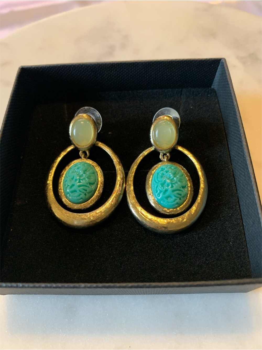 Gold-Tone Hoop Earrings with Turquoise Carved Cabochon and Pale Green Stone